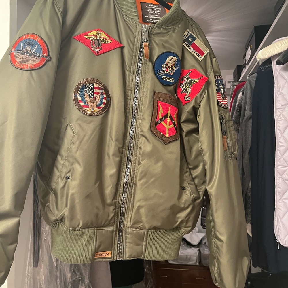 Alpha Industries Tan Bomber Jacket with Colorful Patches - Picture 5 of 5